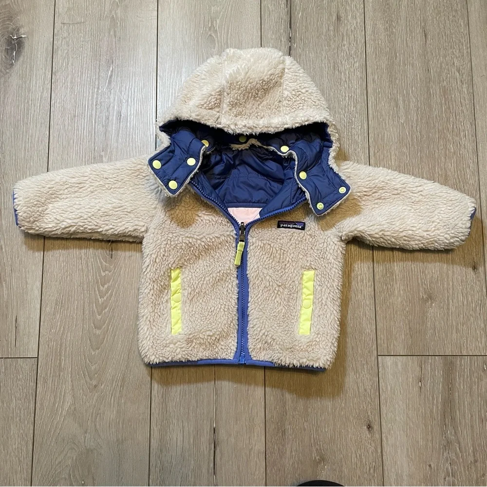 Patagonia Baby Reversible Puff-Ball Jacket - Blue Pink, Sherpa Lined Hooded 12 M - Picture 6 of 10